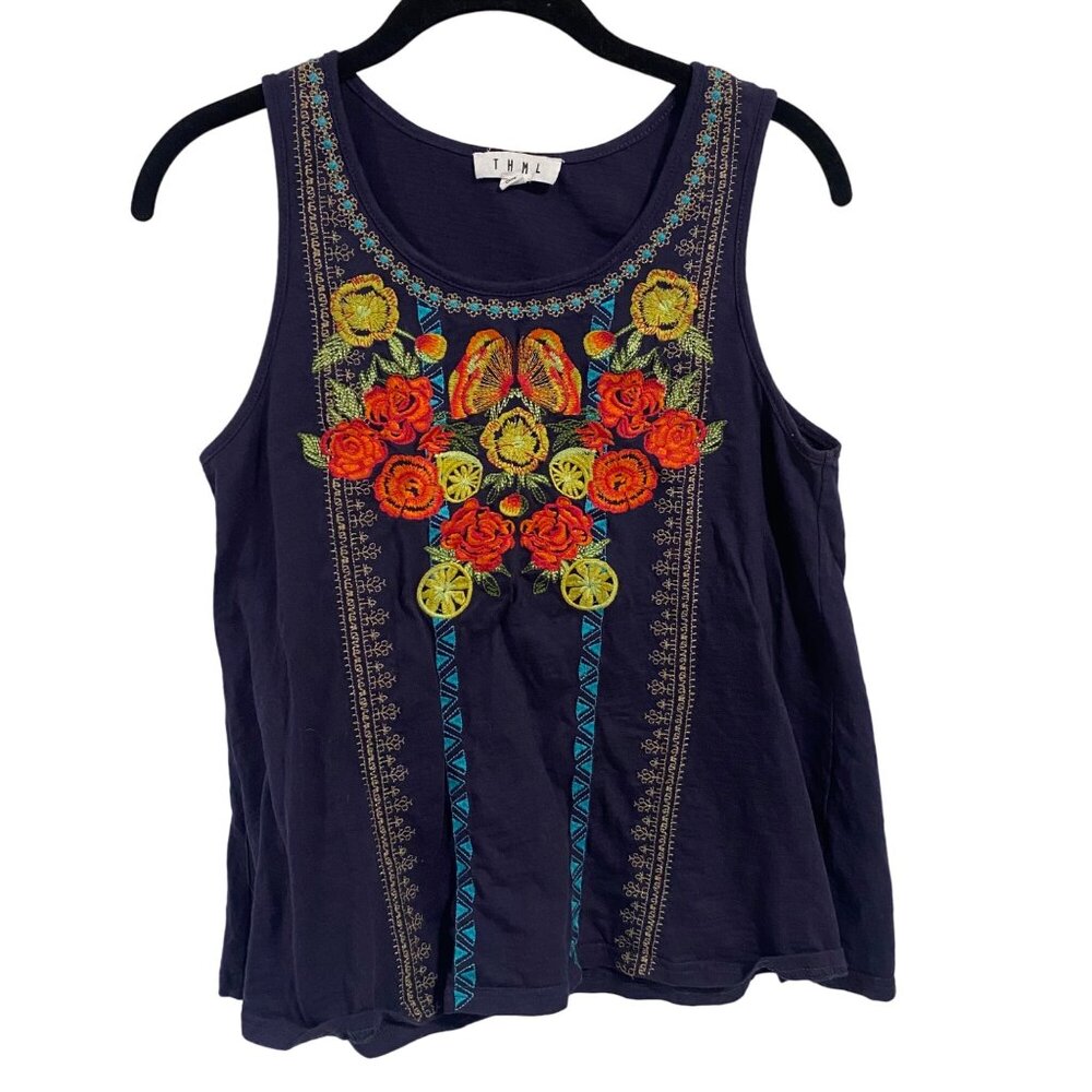 THML Navy Blue Embroidered Floral Sleeveless Boho‎ Top Size S